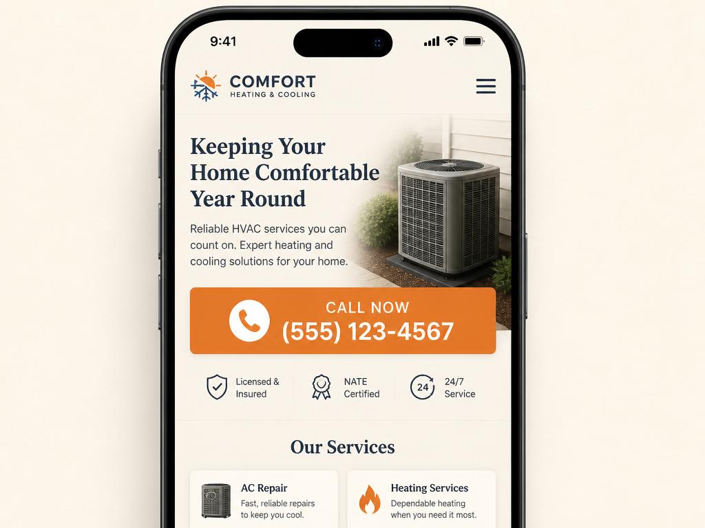 HVAC company mobile site with a large click-to-call button